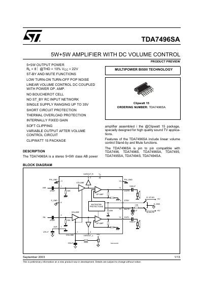 STMicroelectronics TDA7496SA 5+5W Amplifier Datasheet