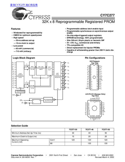 Cypress Semiconductor CY7C277 32K x 8 Reprogrammable Registered PROM Datasheet - cover page