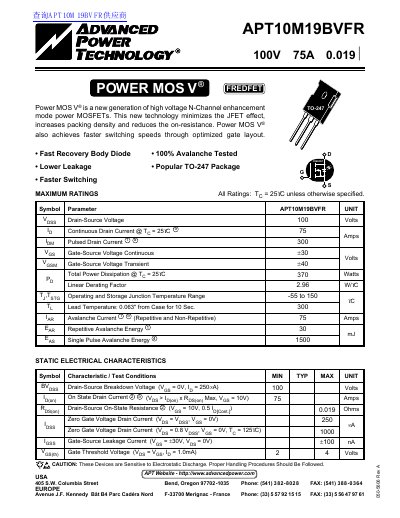 Advanced Power Technology APT10M19BVFR Power MOSFET Datasheet - cover page