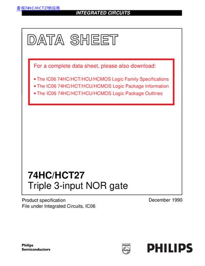 Philips 74HC/HCT27 Triple 3-input NOR Gate Datasheet