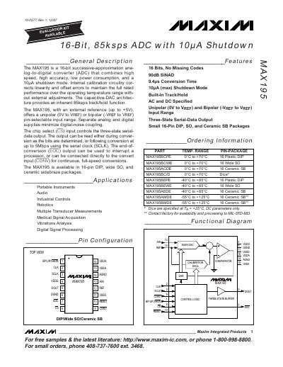 Maxim Integrated MAX195 16‑Bit ADC Datasheet - cover page