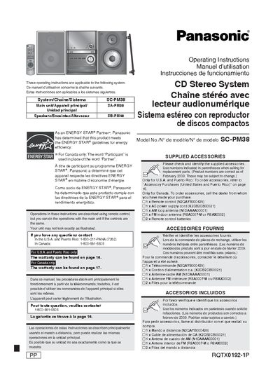 Panasonic SC-PM38 CD Stereo System Operating Instructions - cover page