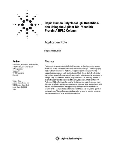 Agilent Bio-Monolith Protein A HPLC Column Application Note - cover page