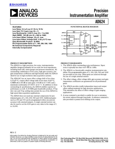 Analog Devices AD624 Precision Instrumentation Amplifier Datasheet - cover page