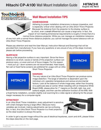 Hitachi CP-A100 Wall Mount Installation Guide - cover page