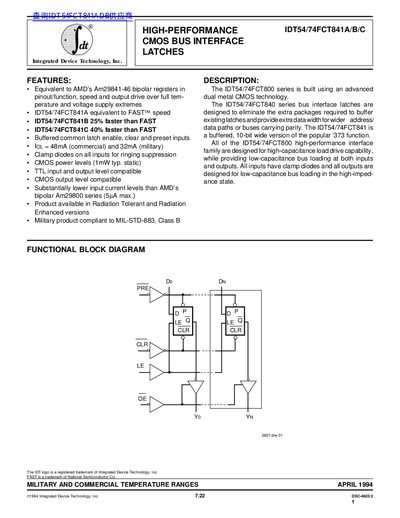 Integrated Device Technology IDT54/74FCT841A/B/C High-Performance CMOS Bus Interface Latches Datasheet - cover page