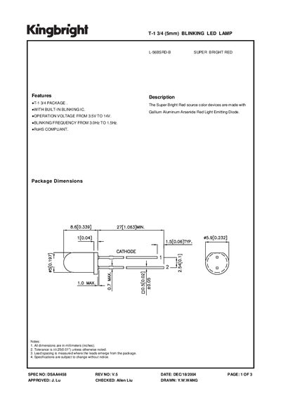 KINGBRIGHT L-56BSRD-B T-1 3/4 (5mm) BLINKING LED LAMP  - cover page