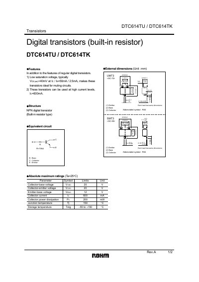 ROHM DTC614TU Digital Transistor Data Sheet - cover page