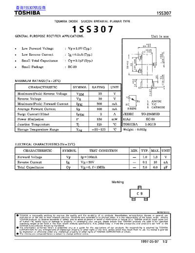 Toshiba 1SS307 Silicon Epitaxial Planar Diode Datasheet - cover page