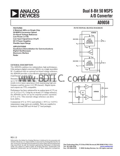 Analog Devices AD9058 Dual 8‑Bit 50 MSPS ADC Datasheet - cover page