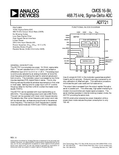 Analog Devices AD7721 16‑Bit Sigma‑Delta ADC Datasheet
