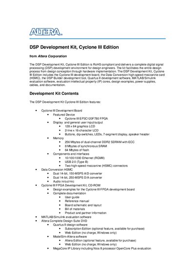 Altera Cyclone III DSP Development Kit Product Overview - cover page