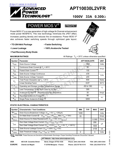 Advanced Power Technology APT10030L2VFR Power MOSFET Datasheet - cover page