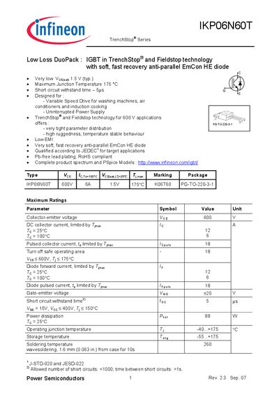 INFINEON IKP06N60T Manual - cover page