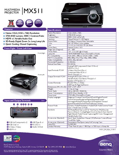 BenQ MX511 Multimedia Projector User Manual - cover page