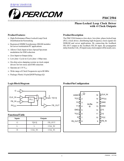 Pericom PI6C2504 Phase-Locked Loop Clock Driver Datasheet - cover page