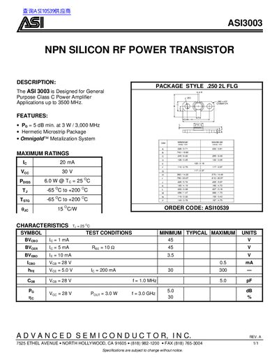 ASI ASI3003 NPN Silicon RF Power Transistor Datasheet - cover page