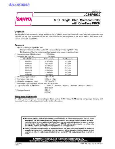 Sanyo LC86P6032 8-Bit Microcontroller Datasheet - cover page