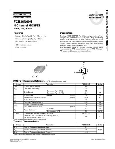 Fairchild Semiconductor FCB36N60N N-Channel MOSFET Datasheet - cover page