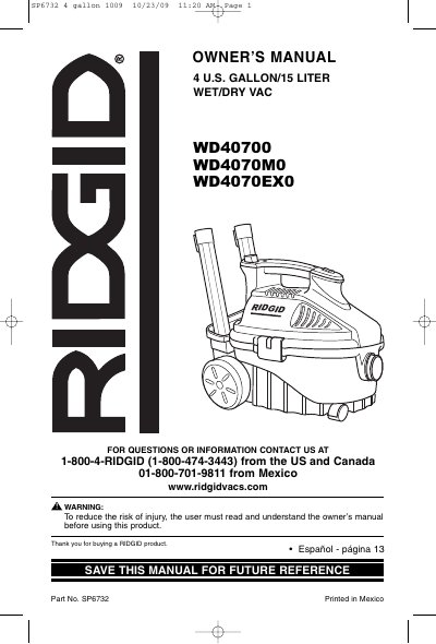 RIDGID WD40700 WD4070M0 WD4070EX04 Wet/Dry Vac Owner's Manual