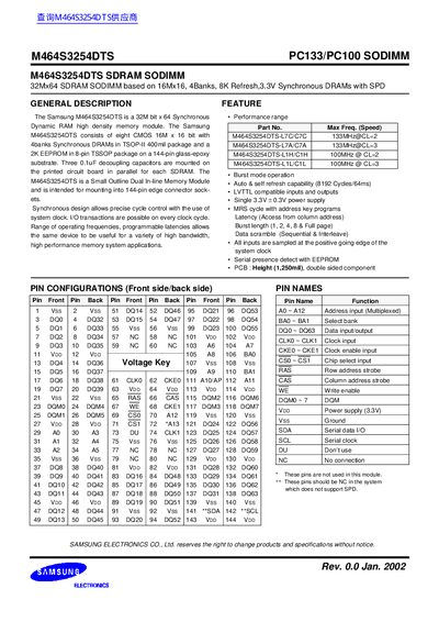 Samsung M464S3254DTS PC133/PC100 SODIMM Data Sheet - cover page