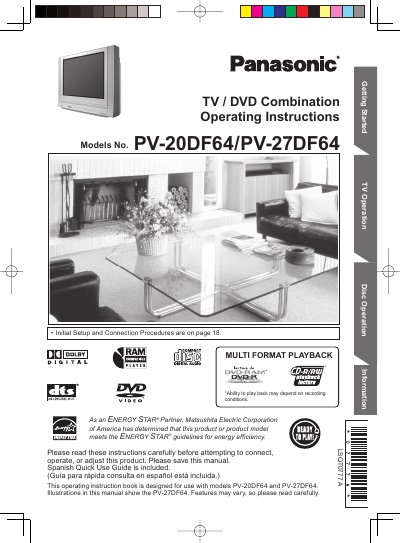 Panasonic PV-20DF64/PV-27DF64 TV/DVD Combination Operating Instructions - cover page