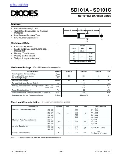 Diodes Incorporated SD101A - SD101C Schottky Barrier Diode Datasheet - cover page