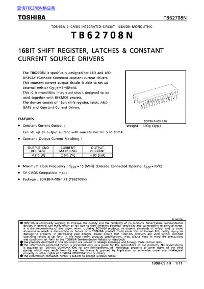 Toshiba TB62708N 16-Bit Shift Register Constant Current Driver Datasheet - cover page
