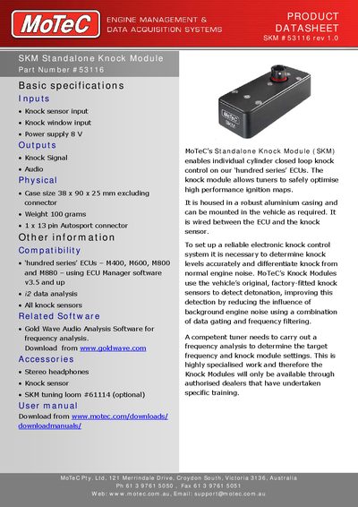 MoTeC SKM #53116 Standalone Knock Module Datasheet - cover page
