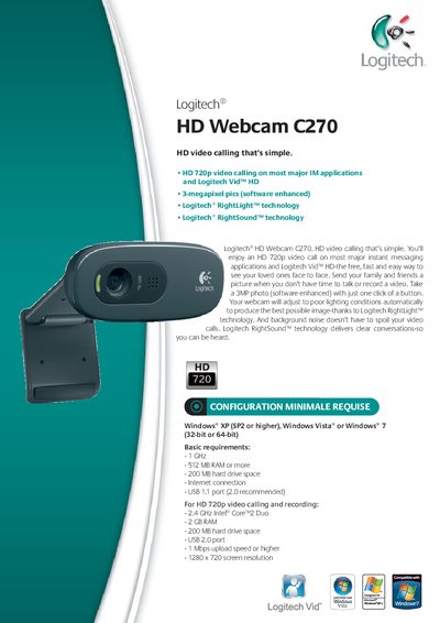 Logitech C270 HD Webcam Product Leaflet - cover page