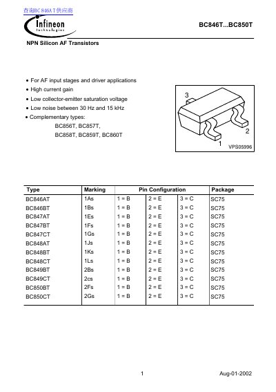 Philips BC846T to BC850T NPN Silicon AF Transistors Datasheet - cover page