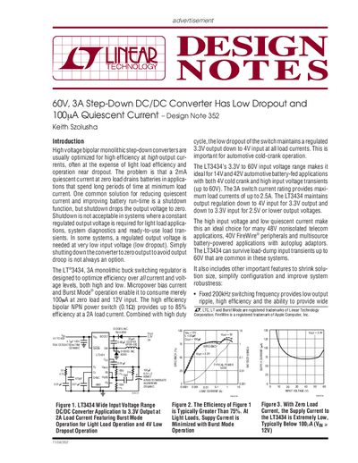 LINEAR 60V 3A Step-Down DC/DC Converter Has Low Dropout 100 A Quiescent Current Design Note 352 handbook - cover page