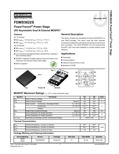 Fairchild FDMS3622S PowerTrench Asymmetric Dual N-Channel MOSFET Datasheet - cover page