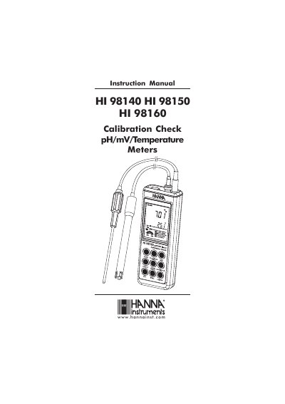 Hanna Instruments HI 98140/98150/98160 pH/mV/Temperature Meters Instruction Manual