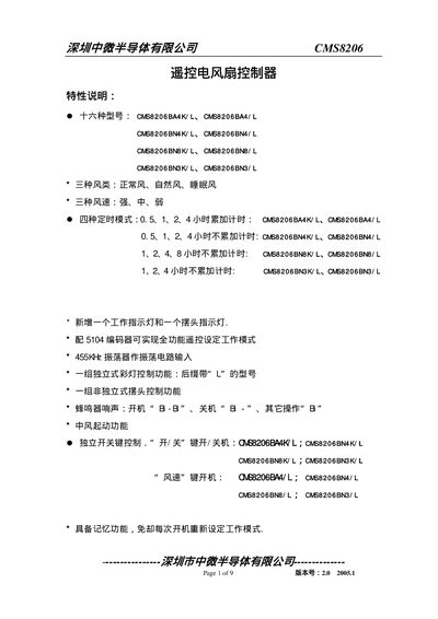 Zhongwei Semiconductor CMS8206 Remote Control Fan Controller User Manual - cover page