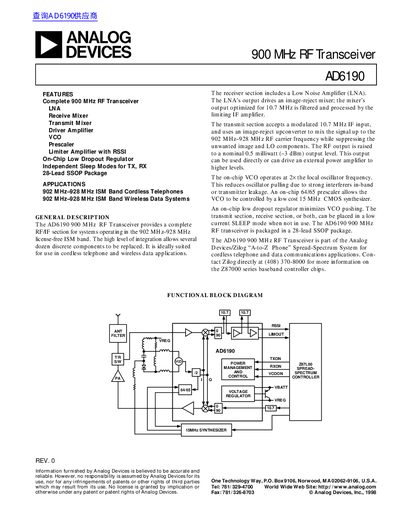 Analog Devices AD6190 900 MHz RF Transceiver Datasheet - cover page