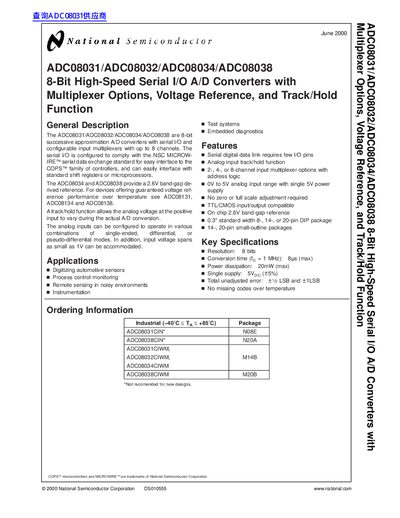 National Semiconductor ADC08031/ADC08032/ADC08034/ADC08038 8-Bit A/D Converters Datasheet - cover page