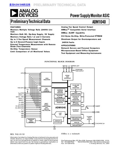 Analog Devices ADM1040 Power Supply Monitor ASIC Preliminary Technical Data - cover page