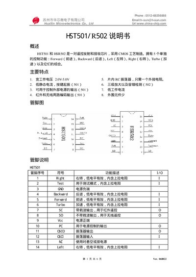 HuaXin HST501/R502 Remote Control Chip User Manual - cover page