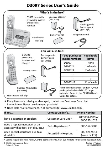 Uniden D3097 Series Cordless Phone User's Guide - cover page
