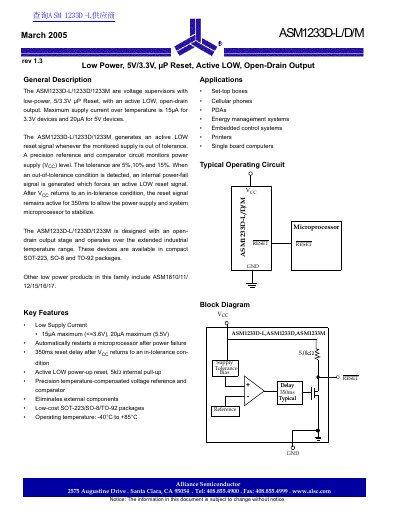 Alliance Semiconductor ASM1233D-L/D/M Voltage Supervisor Datasheet - cover page