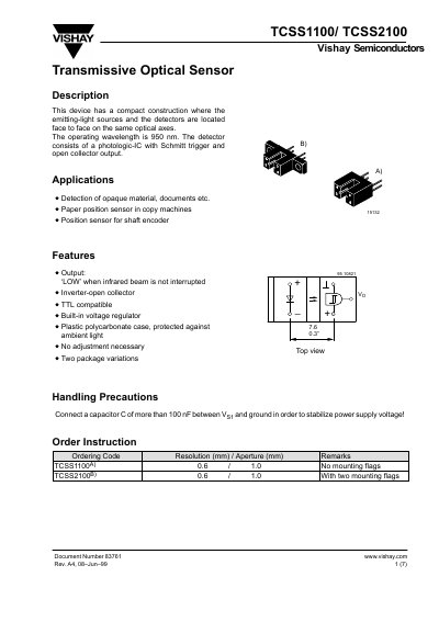 Vishay TCSS1100/TCSS2100 Transmissive Optical Sensor Datasheet - cover page