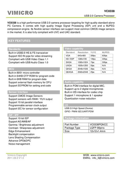 Vimicro VC0338 USB 2.0 Camera Processor Datasheet - cover page