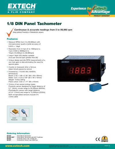 EXTECH 461950 ................Panel Mount Tachometer 461950-NIST ......Panel Mount Tachometer with NIST Certificate 461955 ................Proximity Sensor max. 36 000 rpm 461957 ................Ph - cover page