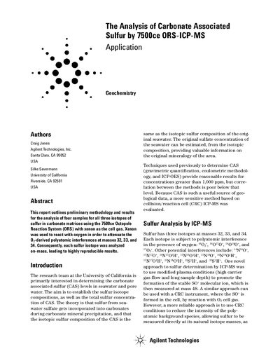 Agilent 7500ce ORS ICP-MS Carbonate Associated Sulfur Analysis Application Note - cover page