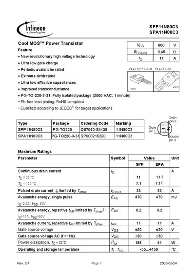 INFINEON SPP11N80C3 SPA11N80C3 handbook