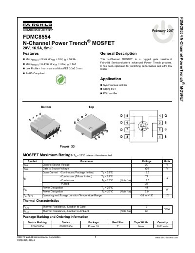 Fairchild Semiconductor FDMC8554 N-Channel Power Trench MOSFET Datasheet - cover page