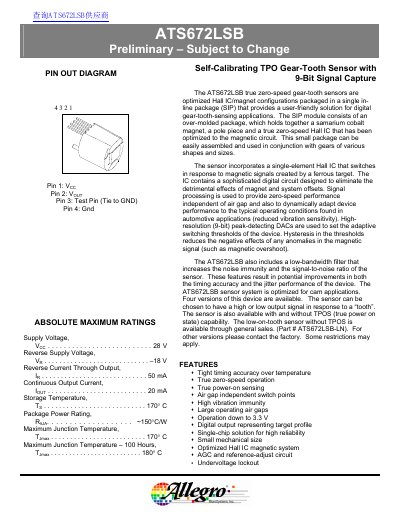 Allegro MicroSystems ATS672LSB Gear-Tooth Sensor Datasheet - cover page