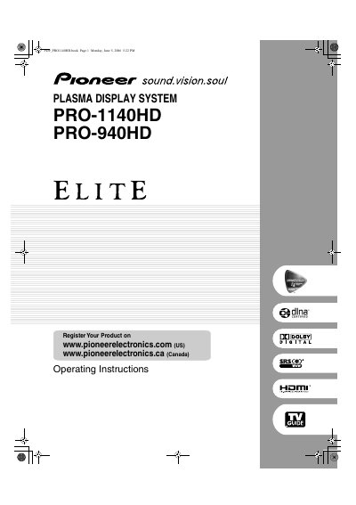Pioneer PRO-1140HD/PRO-940HD Plasma Display System Operating Instructions - cover page