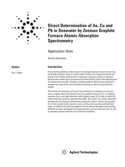 Agilent SpectrAA 400 Application Note for As Cu Pb Determination in Seawater - cover page